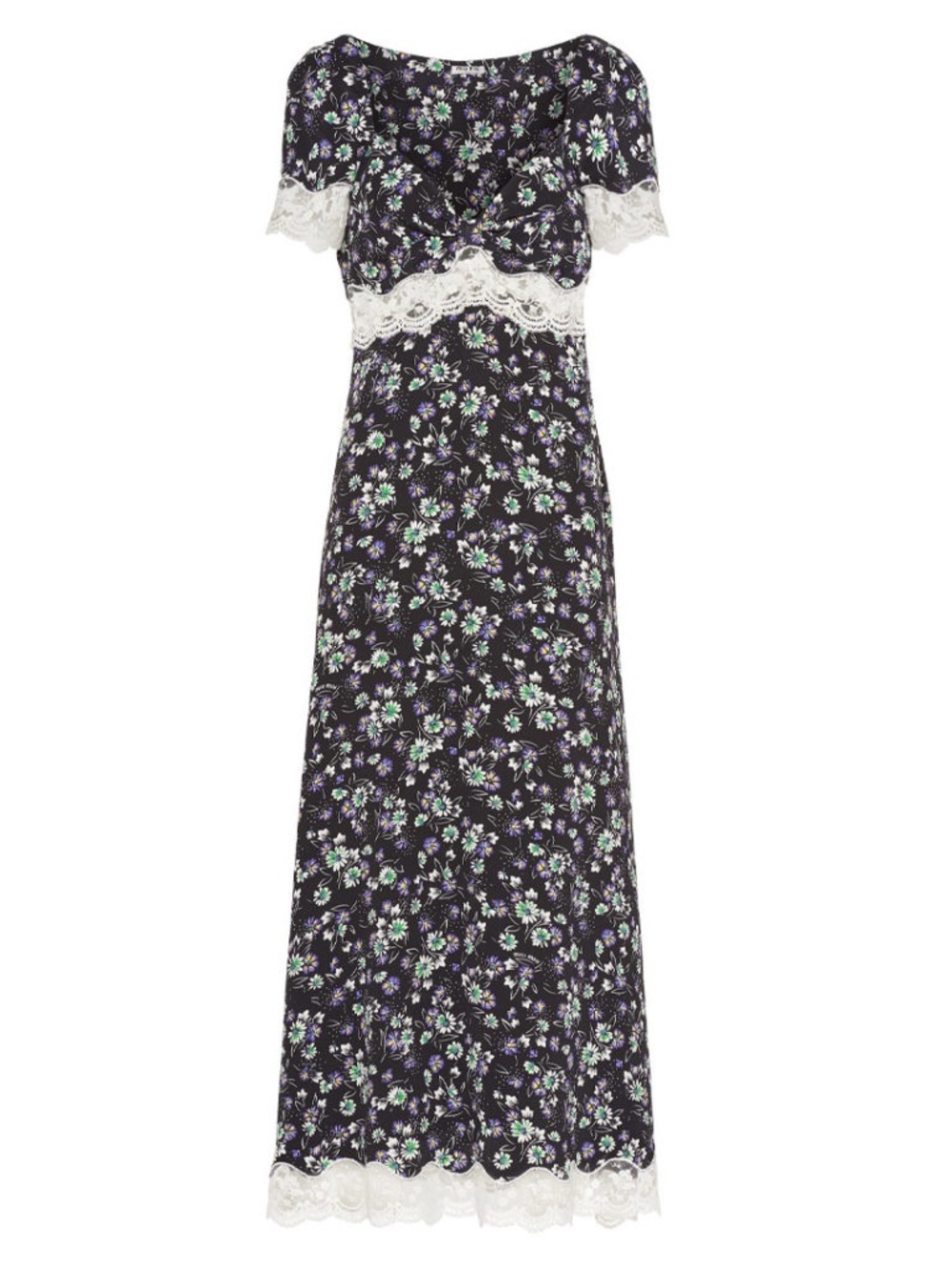 Black Floral Maxi Dress with White Lace Trim